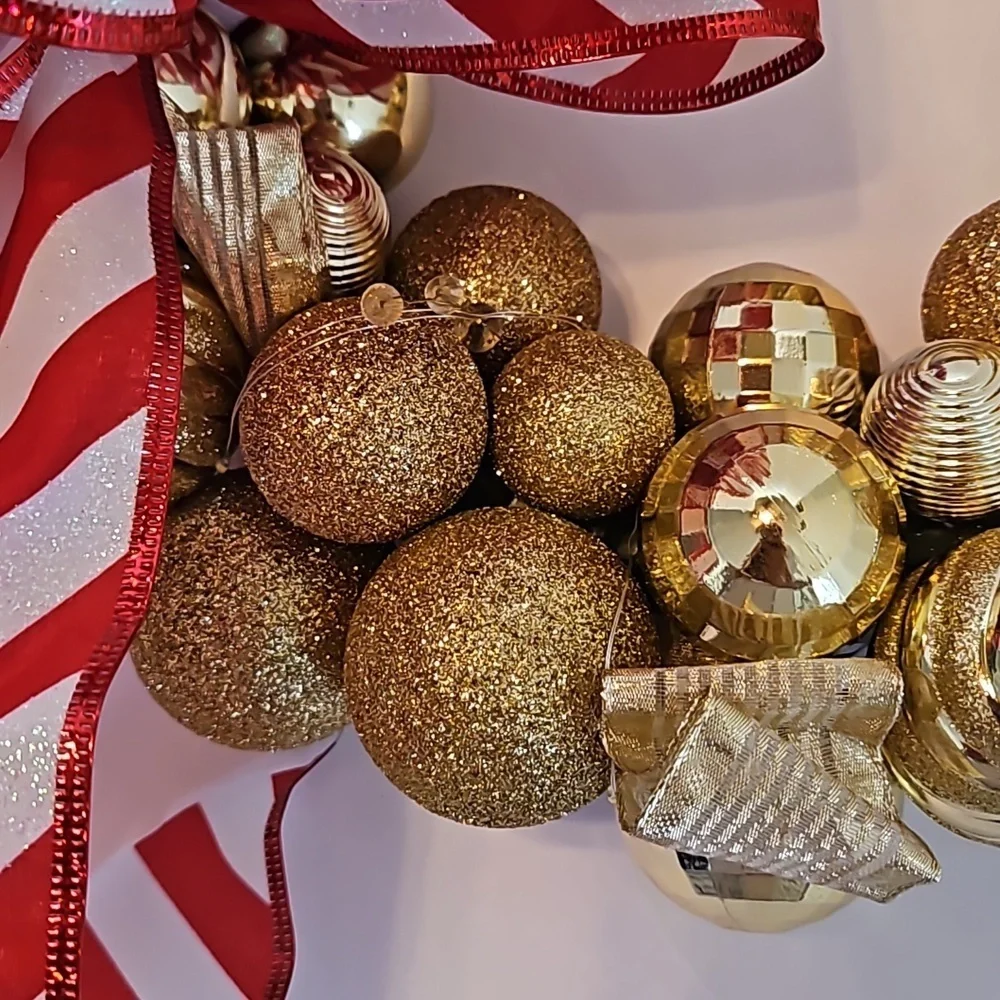 Upcycled Shatterproof Wreath Christmas Gold Ornaments Fairy Lights Handmade 14